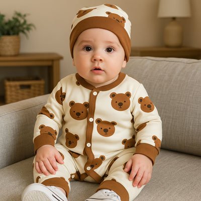 barboteuse bebe assis avec bonnet tete oursons