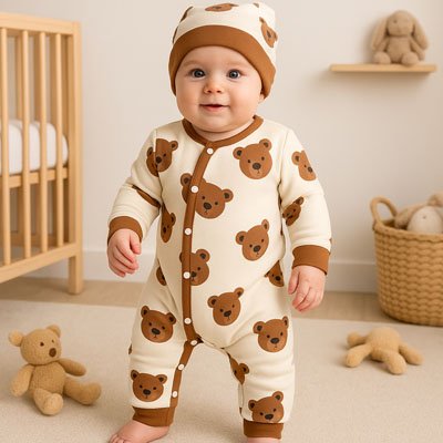 barboteuse bebe debout avec bonnet tete oursons