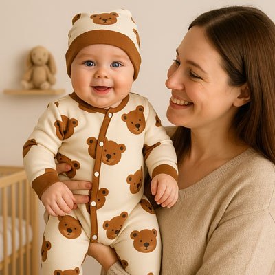 barboteuse tete oursons bebe sourire avec sa maman