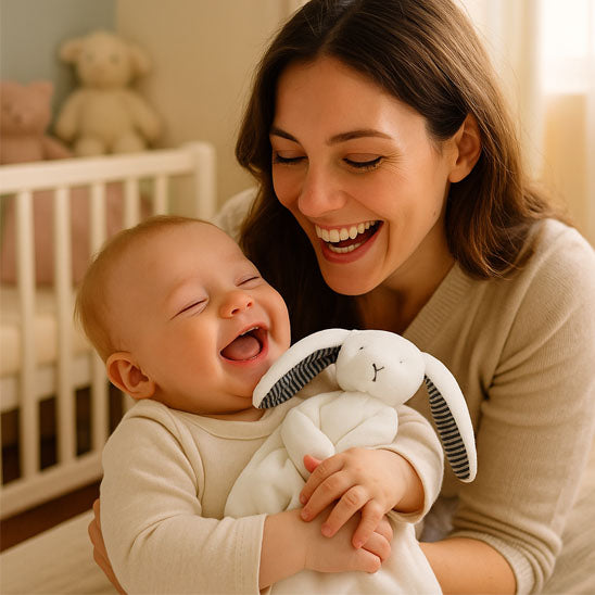 doudou lapin blanc bebe maman rire