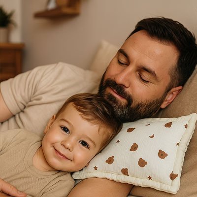 oreiller bebe papa et son enfant qui sourit