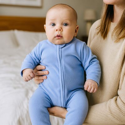 pyjama bebe bleu garcon dans les bras de sa maman