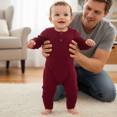 Pyjama bebe couleur bordeaux bebe debout tenu par son papa