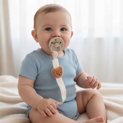 attache tetineblanche avec tete ourson bebe assis avec tetine dans la bouche