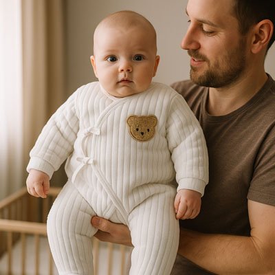 barboteuse bebe blanche avec son  papa