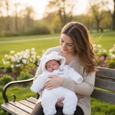 Combinaison bebe​ blanche enfant dans les bras de sa maman