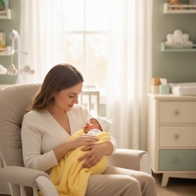Couverture bébé jaune nouveau ne qui dort dans les bras de sa maman