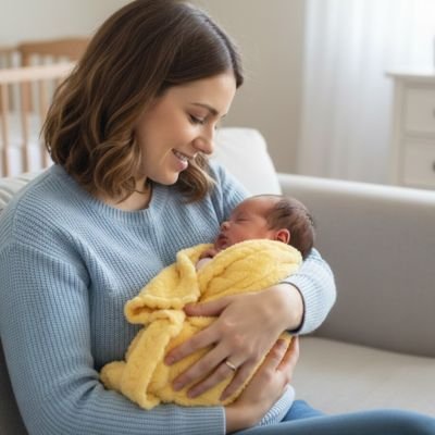 Couverture bébé jaune bebe dans les bras de sa maman