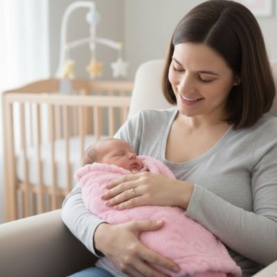 Couverture bébé maman avec son bebe qui a une couverture rose