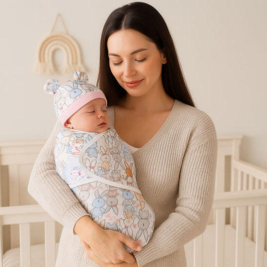 couverture emmaillotage petit lapin maman qui porte son bebe