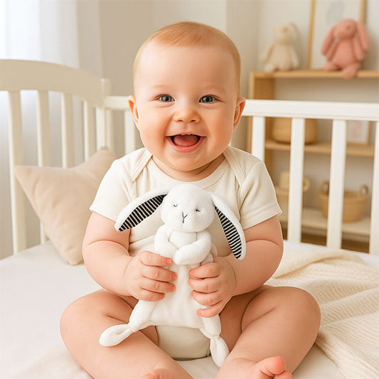 doudou bebe lapin blanc heureux