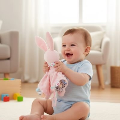 Doudou bebe enfant qui regarde son doudou lapin rose et qui sourit