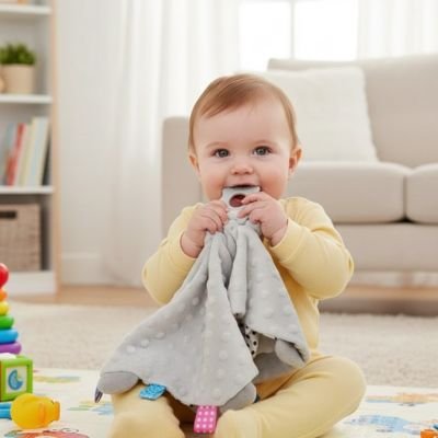 Doudou bebe  elephant gris dans la bouche d un bebe qui sourit