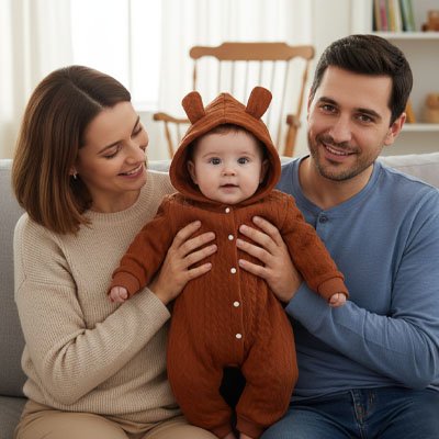 	Pyjama bebe marron avec petites oreilles sur la tete bebe avec son papa et sa maman