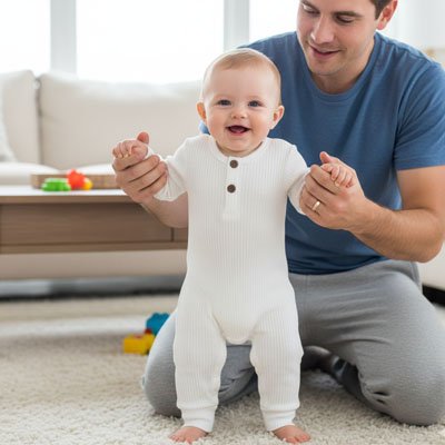 Pyjama bebe blanc bebe debout tenu par son papa