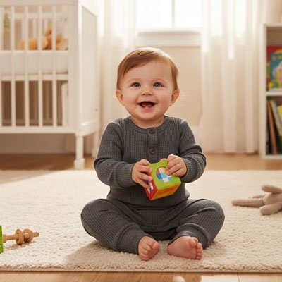 Pyjama bebe gris bebe assit qui sourit