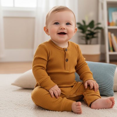 Pyjama bebe couleur motarde bebe assis qui sourit