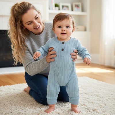 Pyjama bebe couleur bleu bebe debout tenu par sa maman