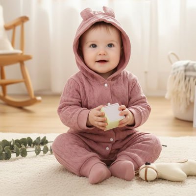 	Pyjama bebe rose poudre avec petites oreilles sur la tete bebe assis dans son lit