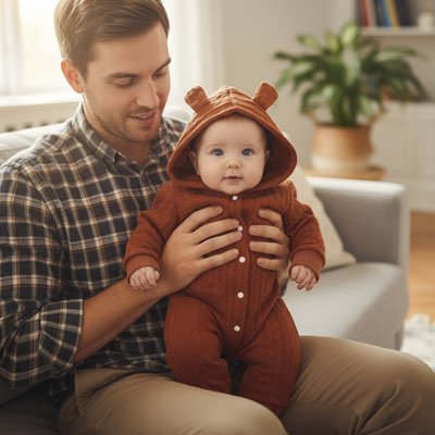 	Pyjama bebe marron avec des oreilles sur la tete dans les bras de son papa