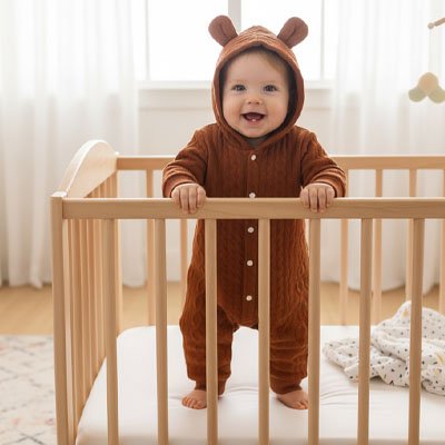 	Pyjama bebe marron bebe debout dans son lit