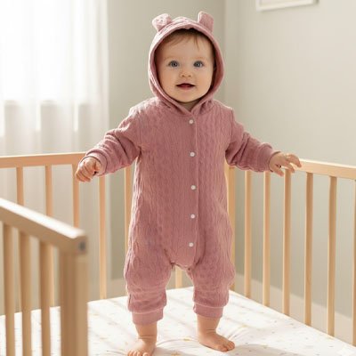 	Pyjama bebe rose poudre avec petites oreilles sur la tete bebe debout dans son lit
