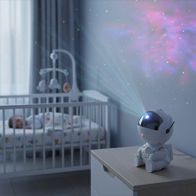 veilleuse bebe projection plafond en forme de petit robot