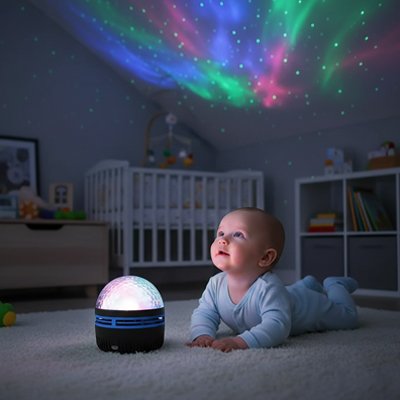 veilleuse projection bebe qui regarde les lumieres leds
