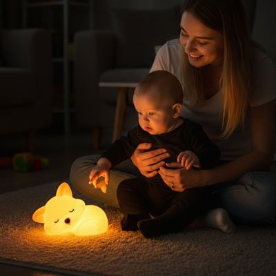 Veilleuse renard enfant et sa maman qui regarde la veilleuse